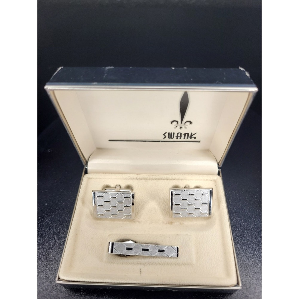 Swank Cufflinks Tie Clip Set Silver Tone Geometric Textured Pattern With Box